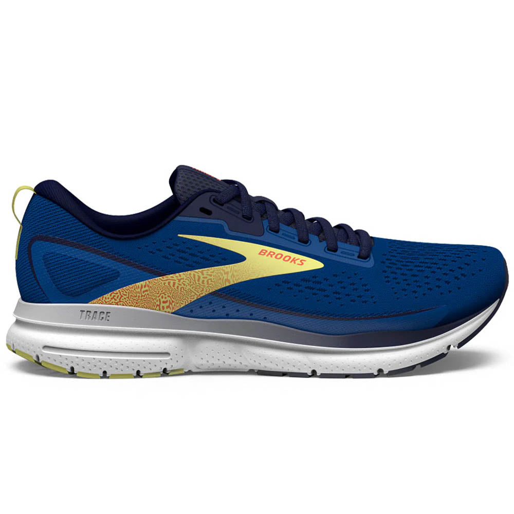 Side view on white background of Mens Brooks Trace running shoe in Blue/Peacoat/Yellow, Medium (Regular) width