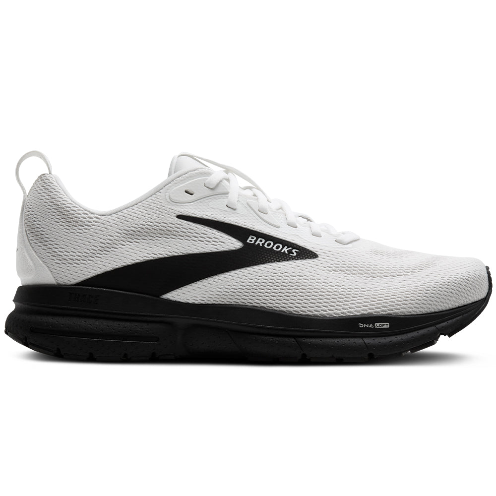 Side view on white background of Mens Brooks Trace running shoe in Bright White/Oyster/Black, Medium (Regular) width
