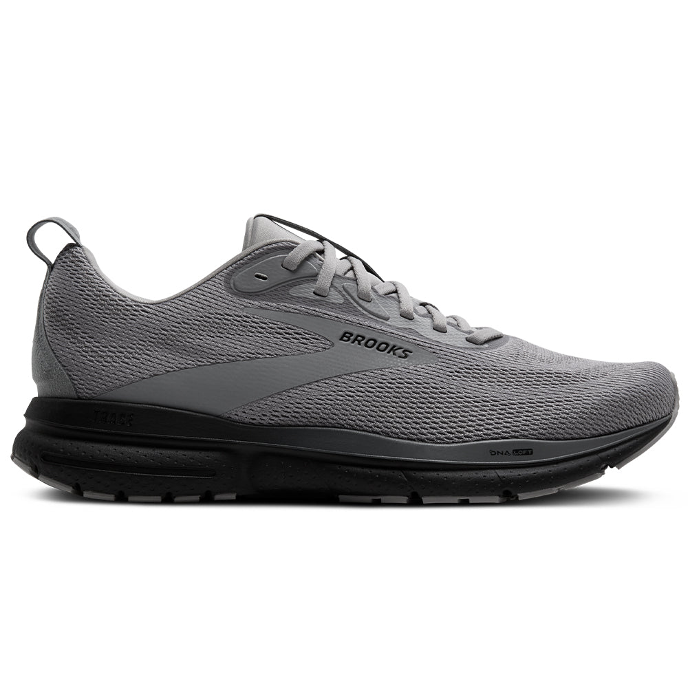 Side view on white background of Mens Brooks Trace running shoe in Grey/Black/Ebony, Medium (Regular) width
