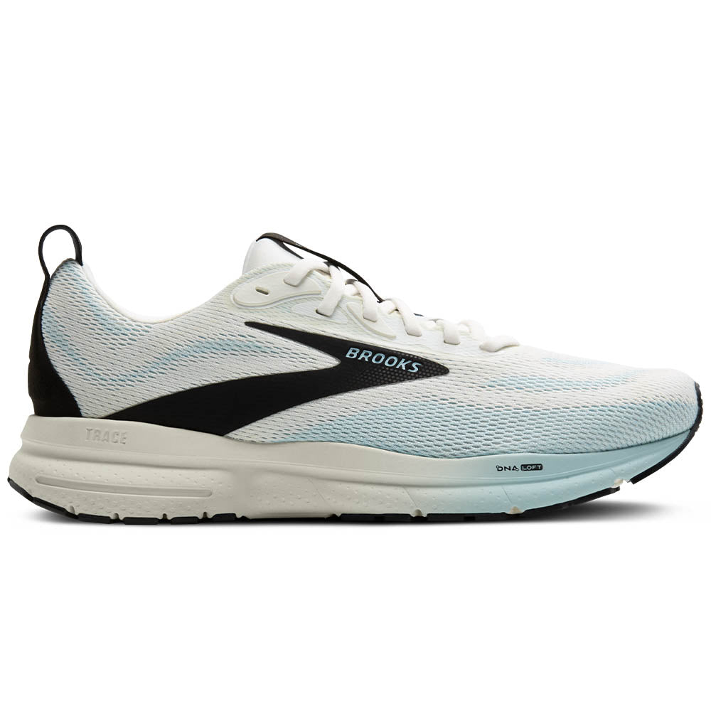 Side view on white background of Mens Brooks Trace running shoe in Grey/Wintersky/Black, Medium (Regular) width