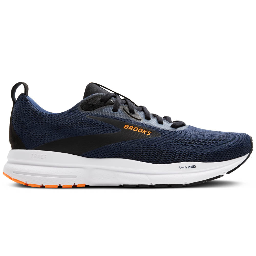 Side view on white background of Mens Brooks Trace running shoe in Peacoat/Black/Orange Pop, Medium (Regular) width