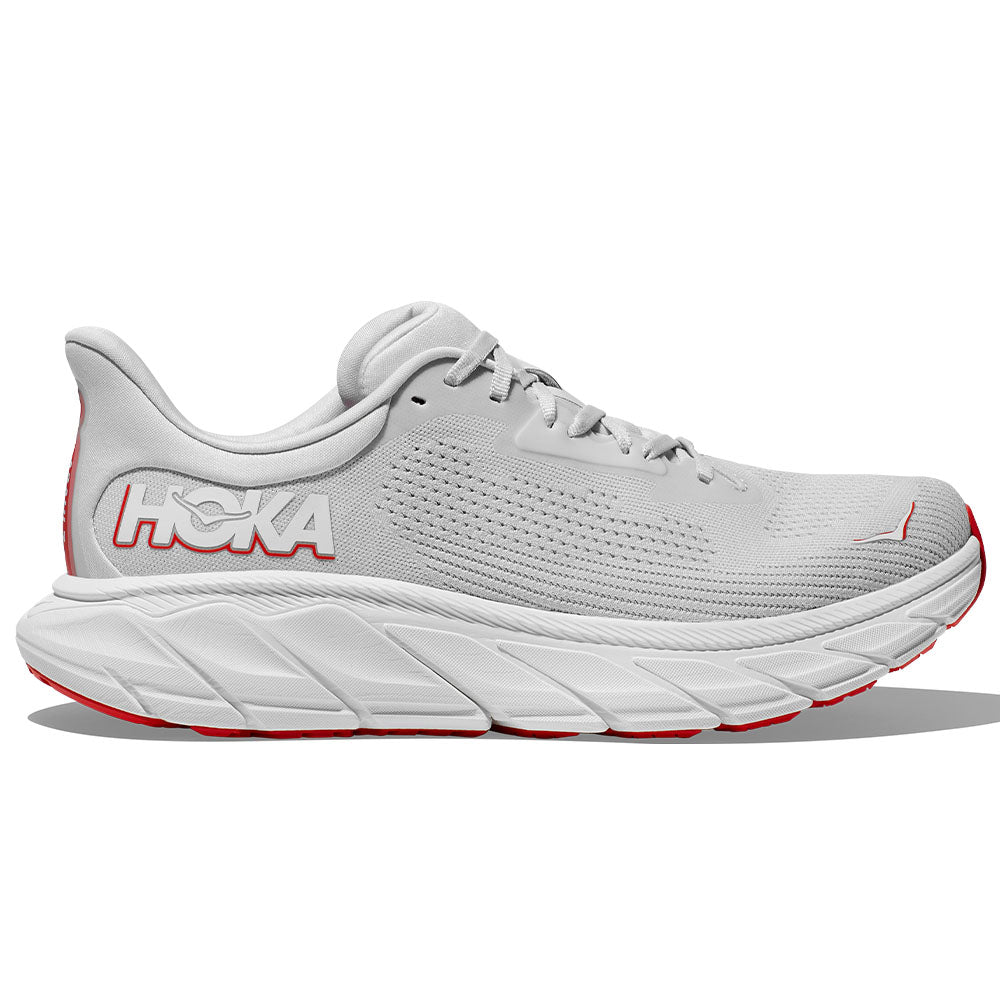 Side view on white background of Mens Hoka Arahi running shoe in Cosmic Grey/Tomato, Wide width