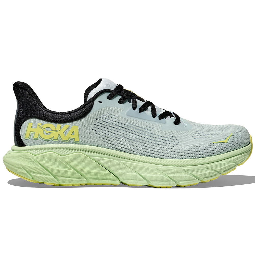 Side view on white background of Mens Hoka Arahi running shoe in Droplet/Druzy, Medium (Regular) width