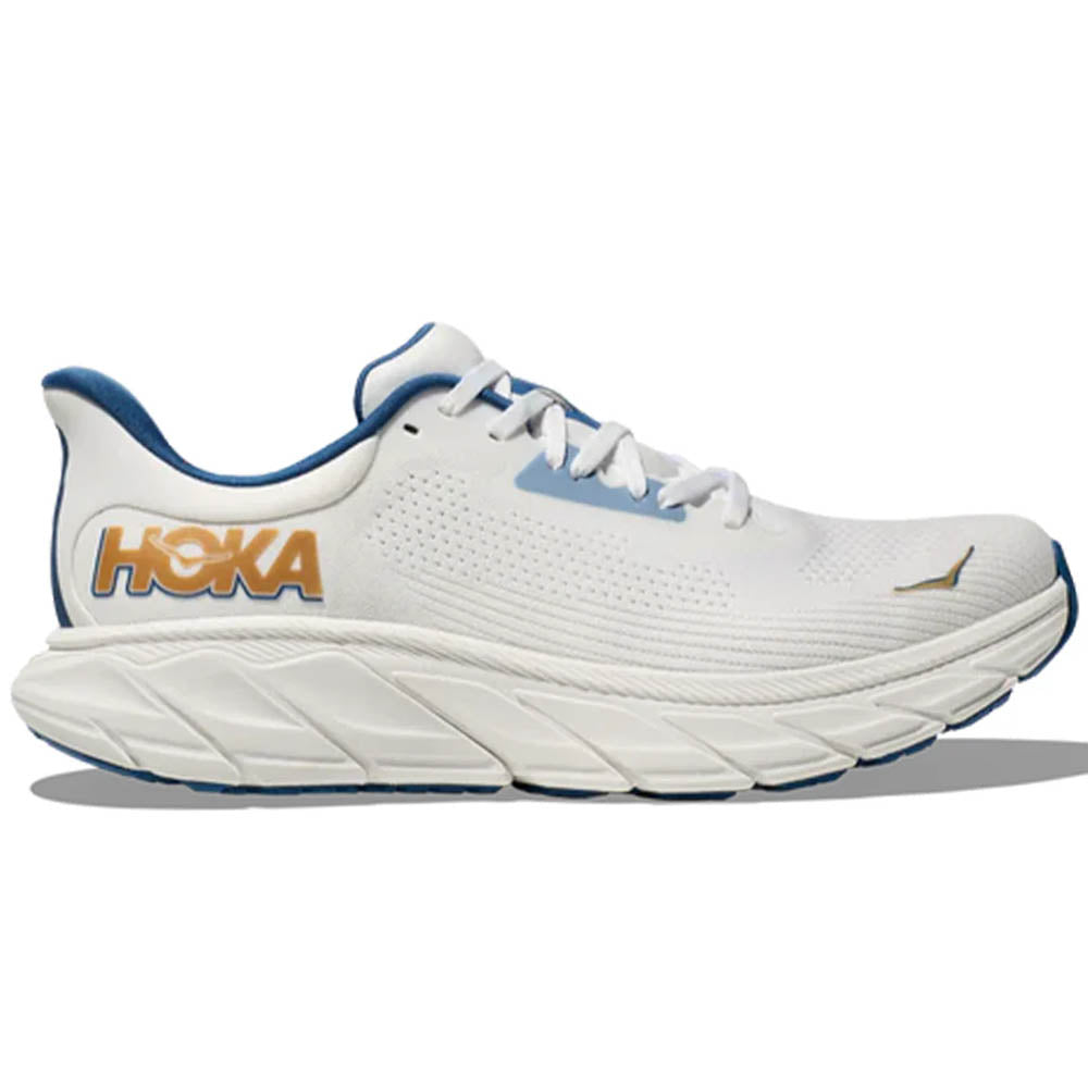 Side view on white background of Mens Hoka Arahi running shoe in Frost/Gold, Medium (Regular) width