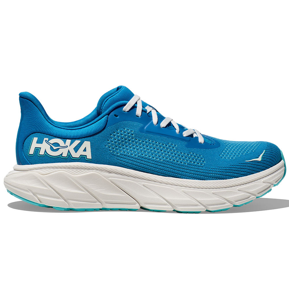 Side view on white background of Mens Hoka Arahi running shoe in Hoka Blue/Frost, Medium (Regular) width