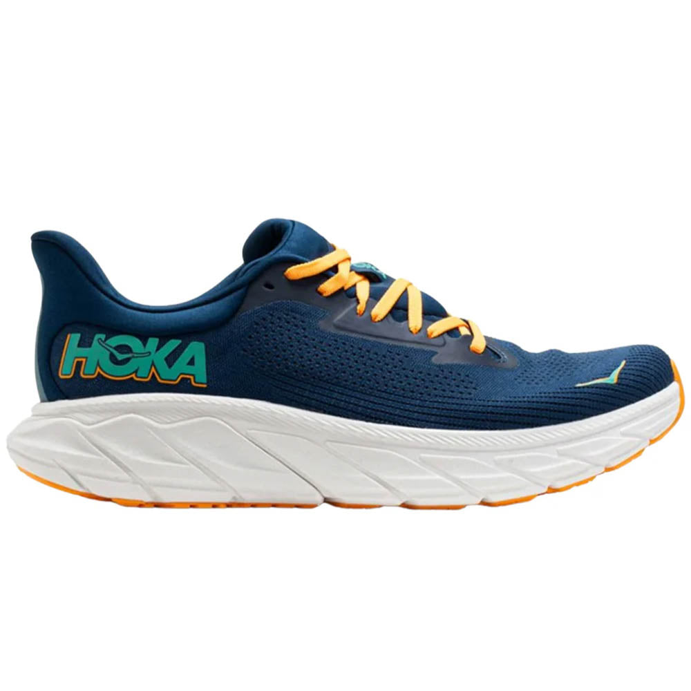 Side view on white background of Mens Hoka Arahi running shoe in Midnight/Shoreline, Medium (Regular) width
