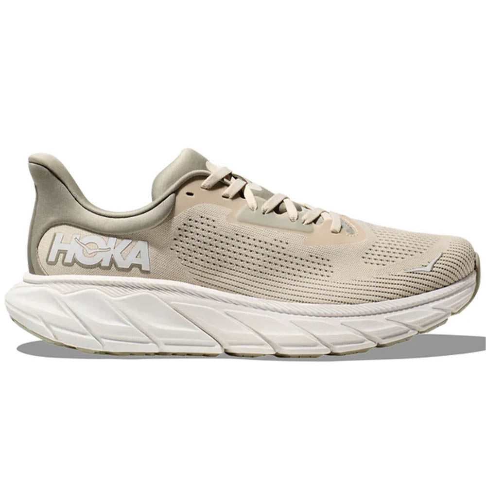 Side view on white background of Mens Hoka Arahi running shoe in Oat Milk/Barley, Medium (Regular) width