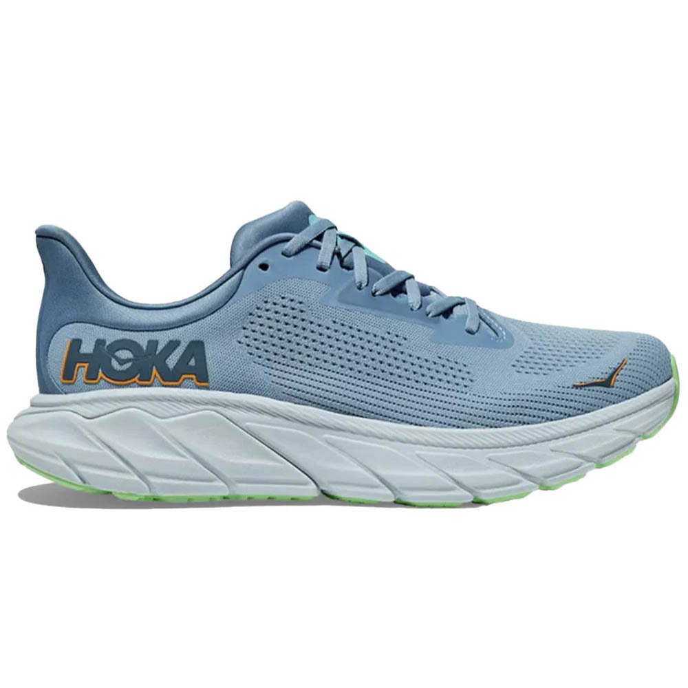 Side view on white background of Mens Hoka Arahi running shoe in Shadow/Dusk, Medium (Regular) width