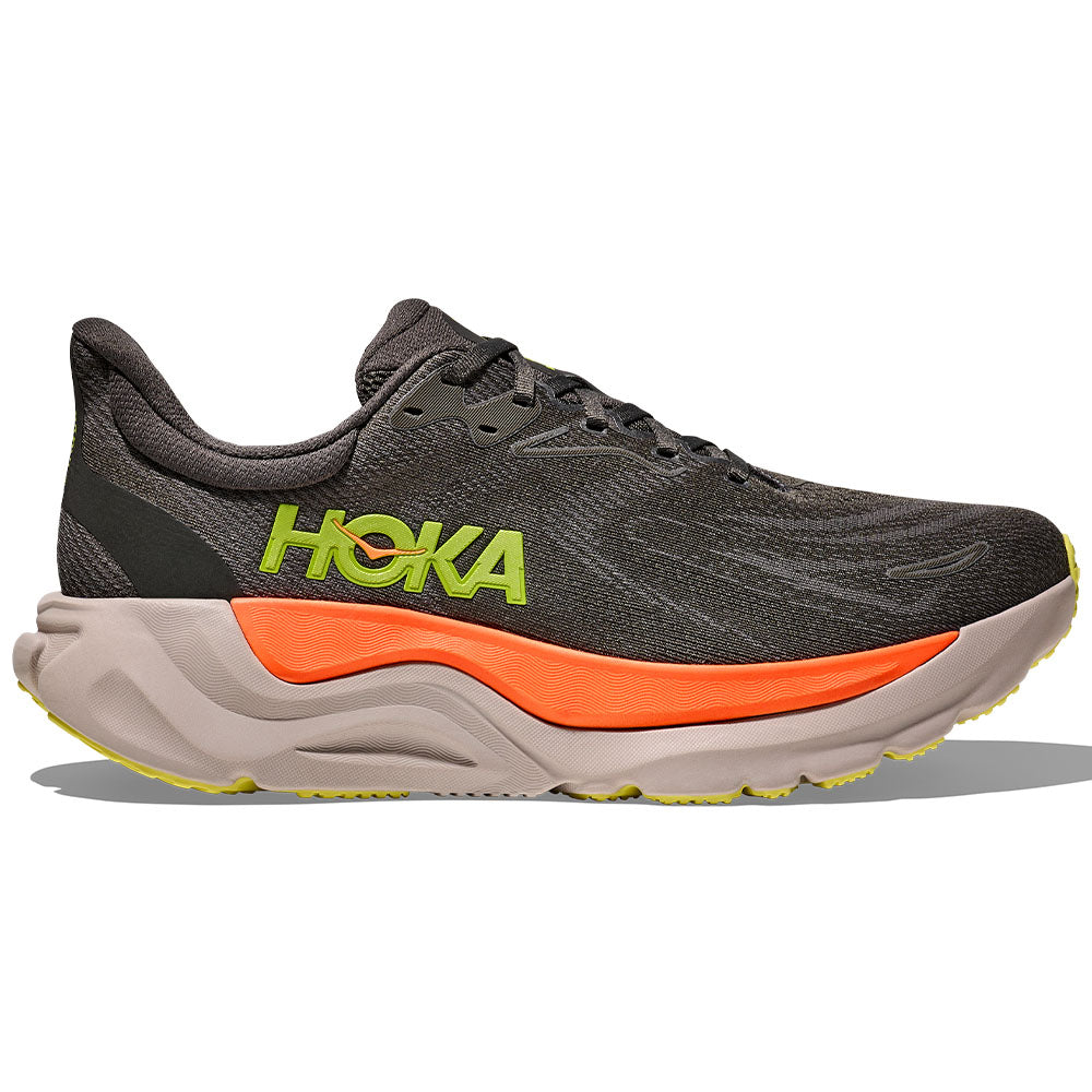 Side view on white background of Mens Hoka Arahi running shoe in Asphalt/Gravel, Medium (Regular) width