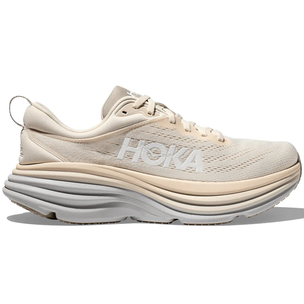 Side view on white background of Mens Hoka Bondi running shoe in Oat Milk/Barley, Wide width