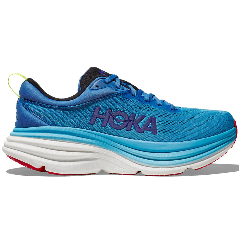 Side view on white background of Mens Hoka Bondi running shoe in Virtual Blue/Swim Day, Medium (Regular) width