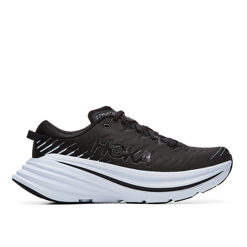 Side view on white background of Mens Hoka Bondi running shoe in Black/White, Medium (Regular) width