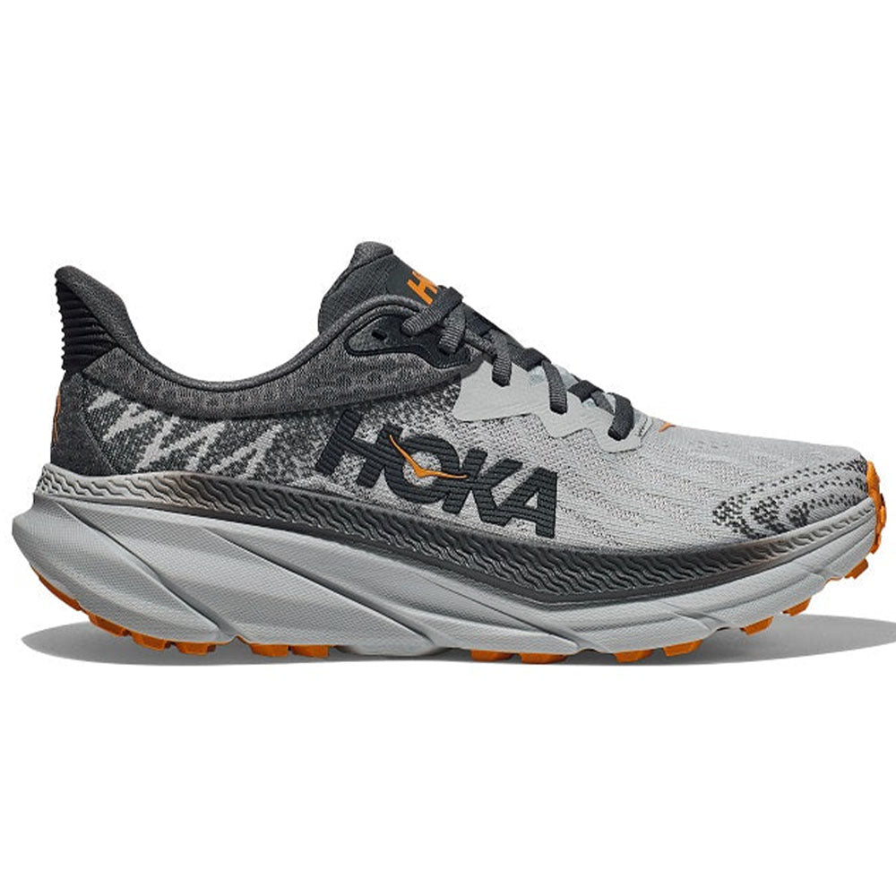 Side view on white background of Mens Hoka Challenger ATR running shoe in Harbor Mist/Castlerock, Medium (Regular) width