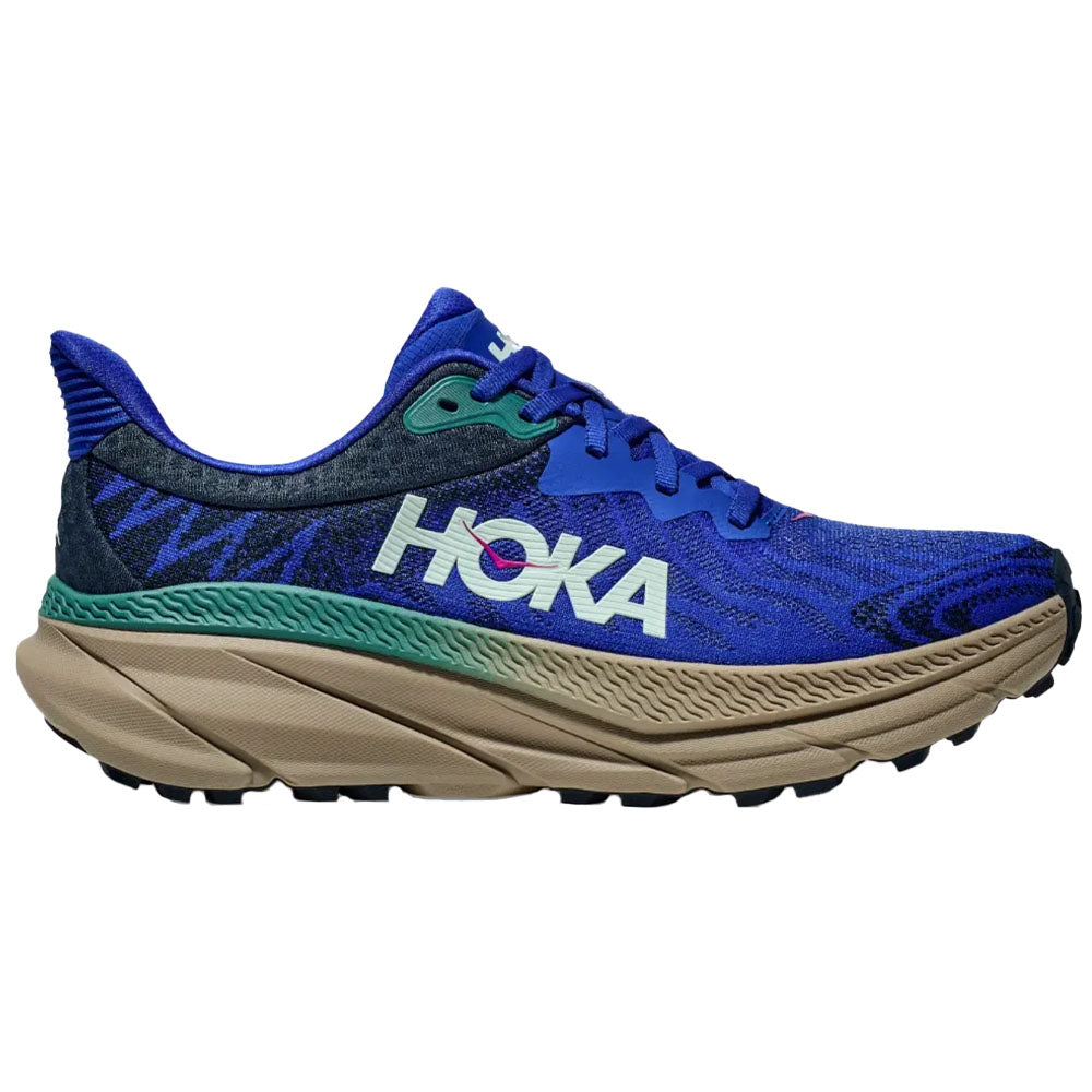 Side view on white background of Mens Hoka Challenger ATR running shoe in Ultramarine/Oceanic, Wide width