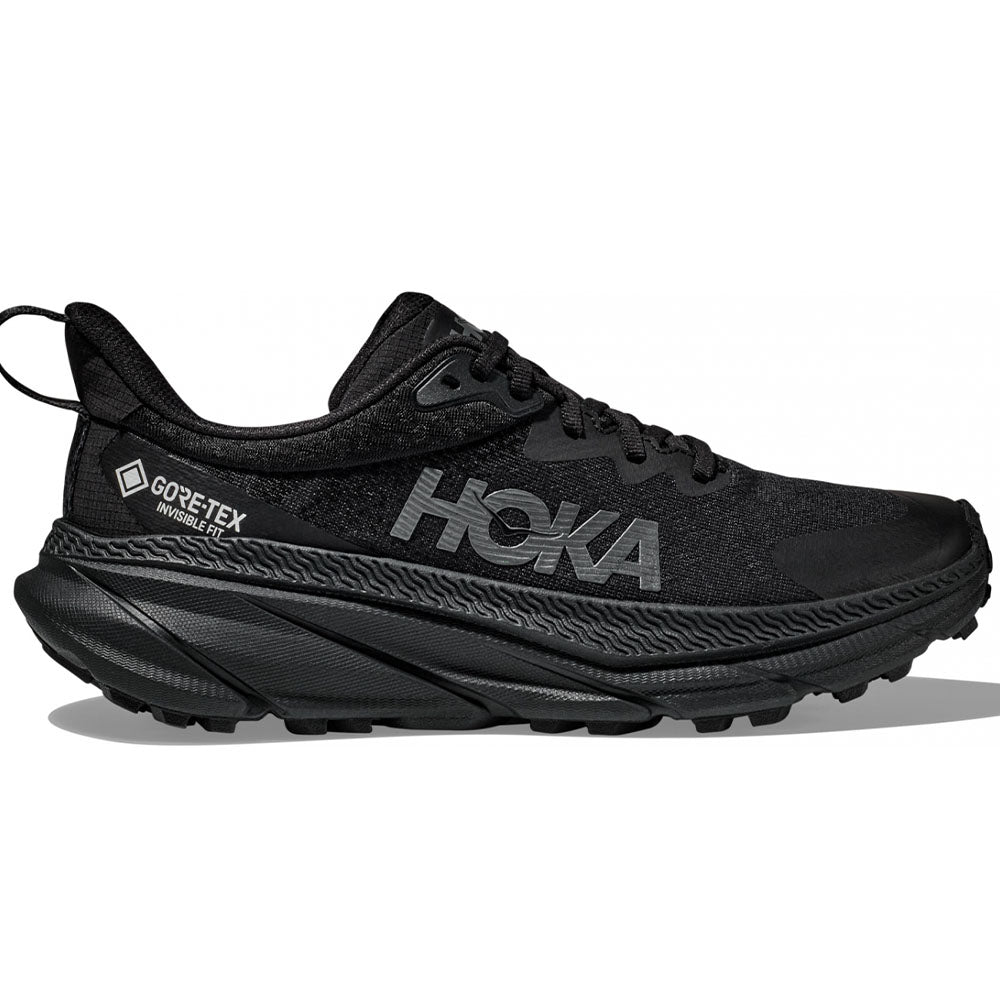 Side view on white background of Mens Hoka Challenger ATR running shoe in Black/Black, Medium (Regular) width