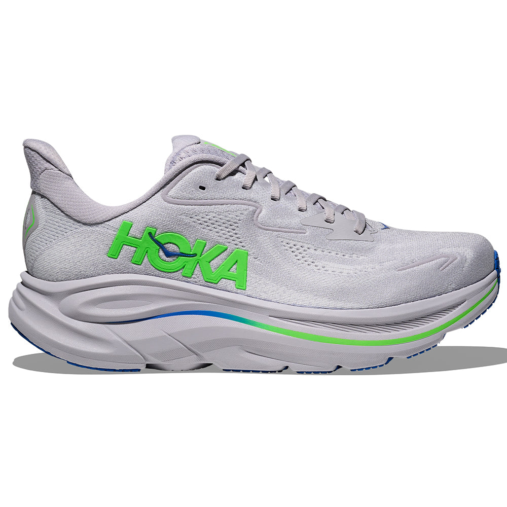 Side view on white background of Mens Hoka Clifton running shoe in Ash Grey/Neon Green, Medium (Regular) width
