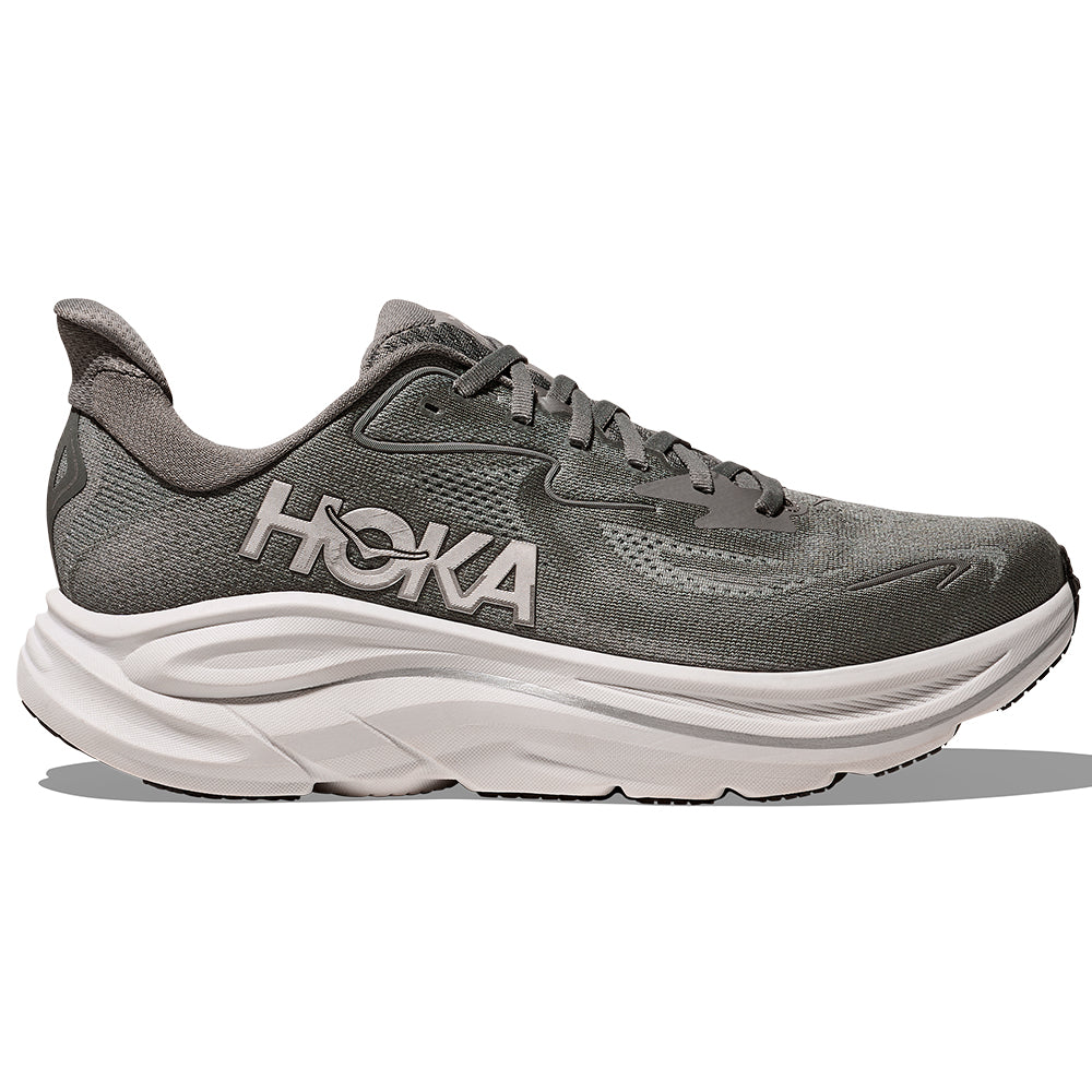 Side view on white background of Mens Hoka Clifton running shoe in Asteroid/Silver, Medium (Regular) width