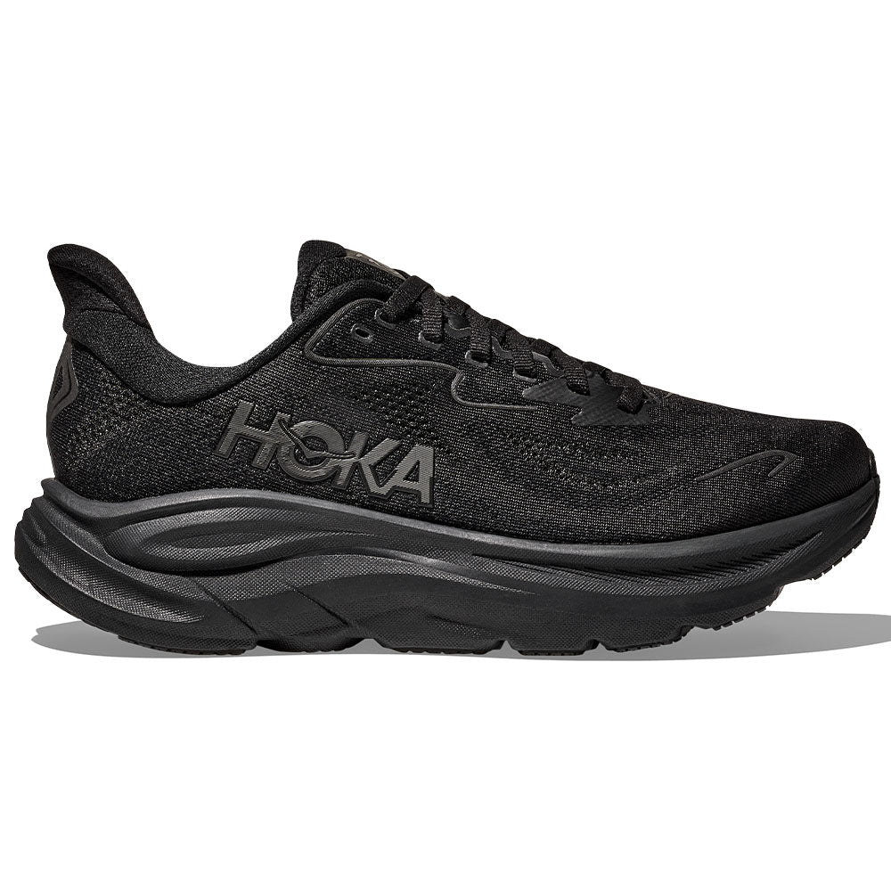 Side view on white background of Mens Hoka Clifton running shoe in Black/Black, Medium (Regular) width