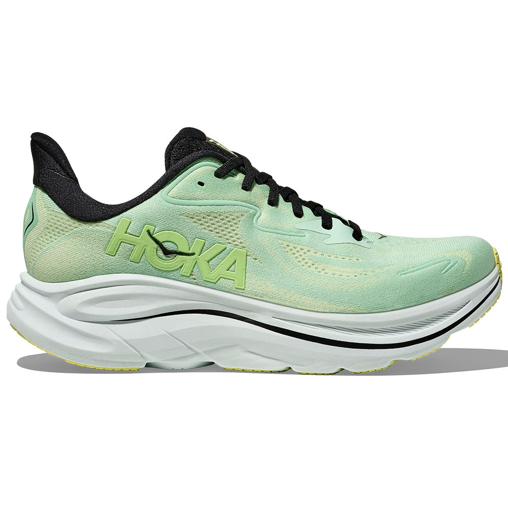 Side view on white background of Mens Hoka Clifton running shoe in Mint Fluorite/Luna Moth, Medium (Regular) width