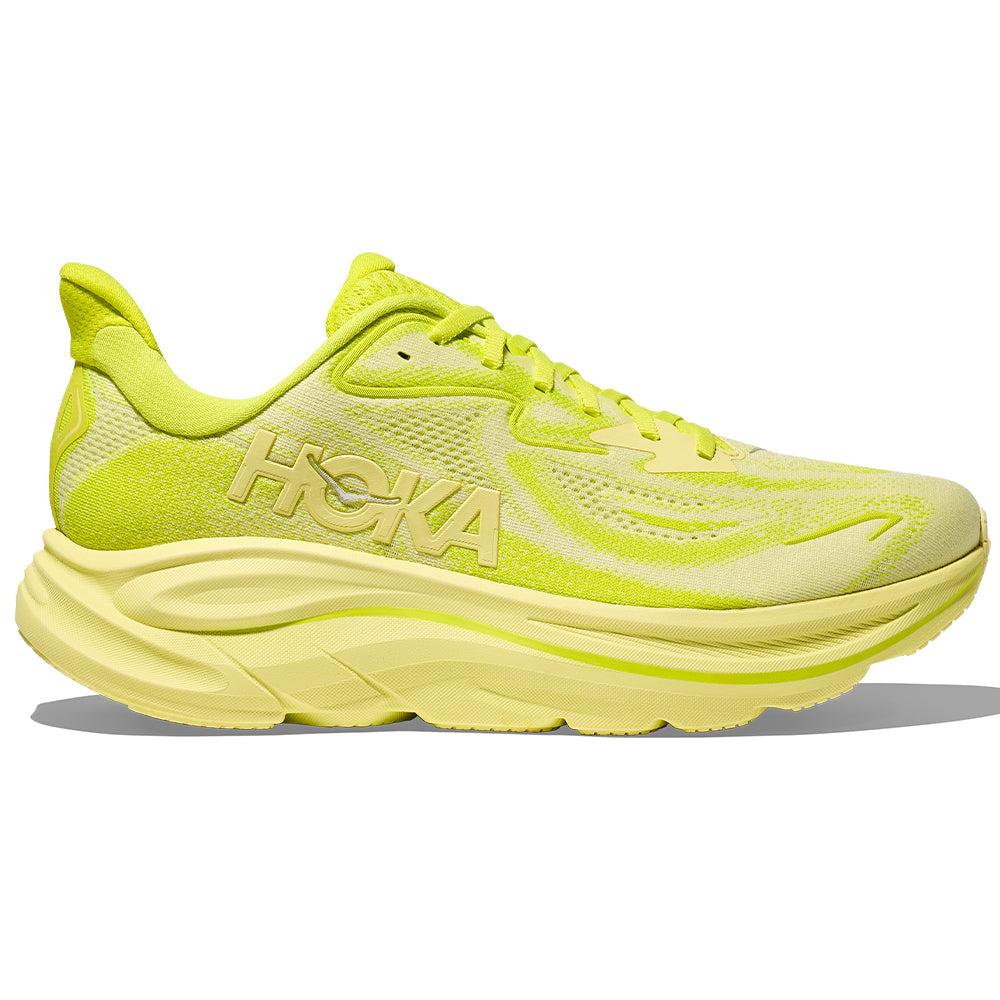 Side view on white background of Mens Hoka Clifton running shoe in Neon Hoka Citrus/Sunlight, Medium (Regular) width