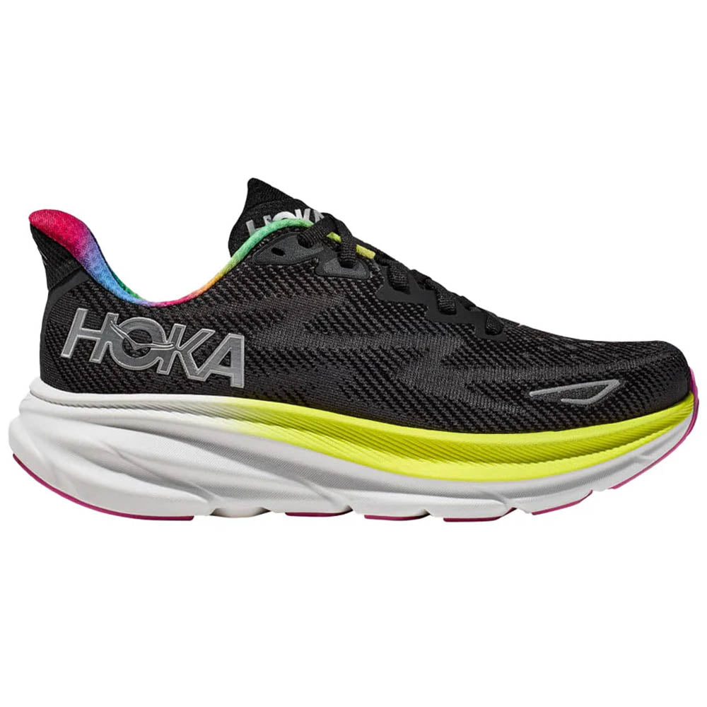 Side view on white background of Mens Hoka Clifton running shoe in Black/All Aboard, Medium (Regular) width
