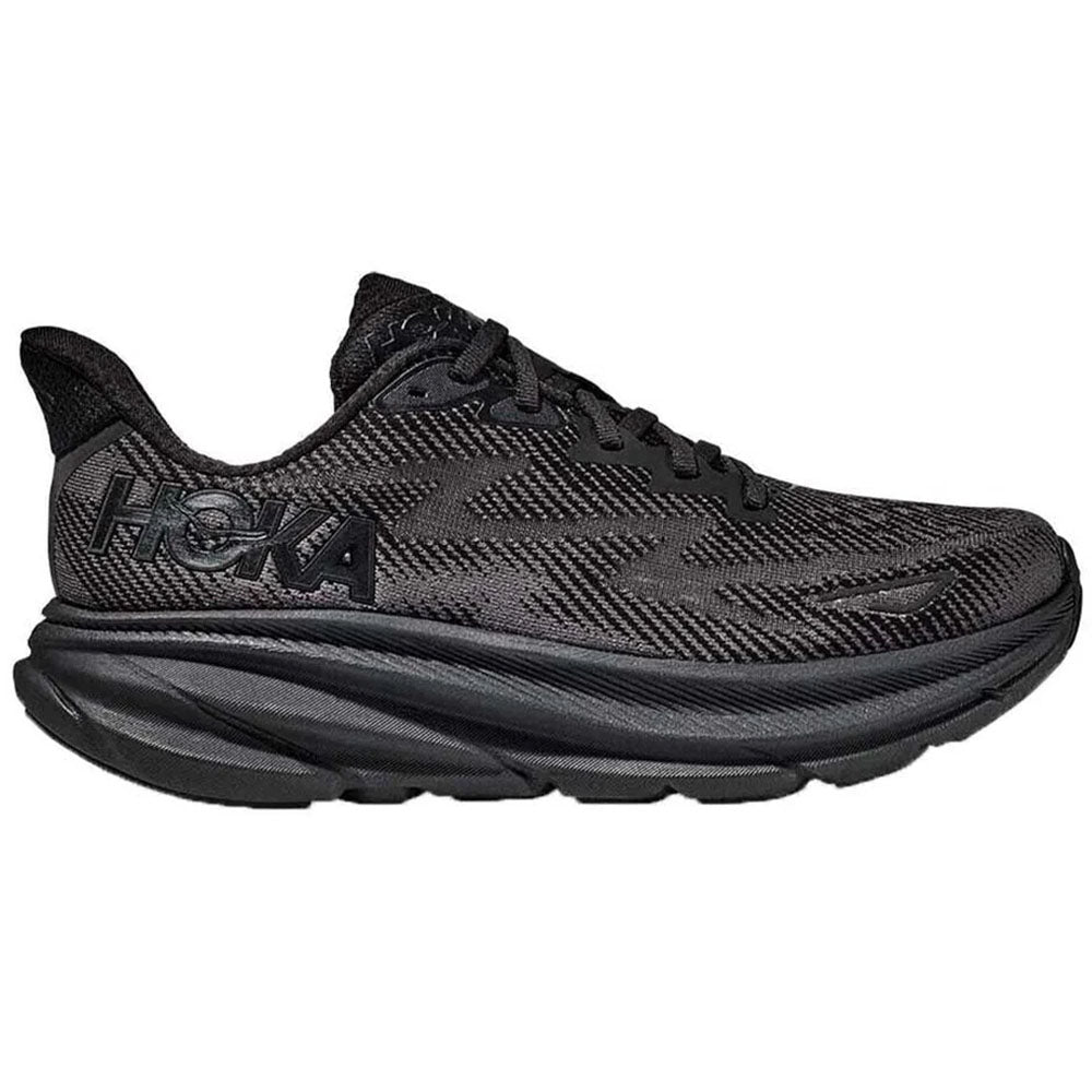 Side view on white background of Mens Hoka Clifton running shoe in Black/Black, Medium (Regular) width