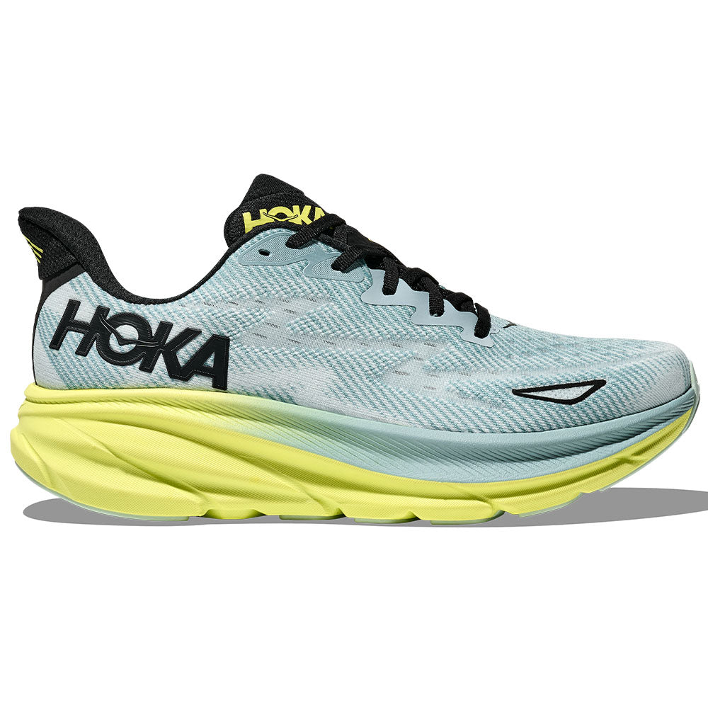 Side view on white background of Mens Hoka Clifton running shoe in Druzy/Droplet, Medium (Regular) width