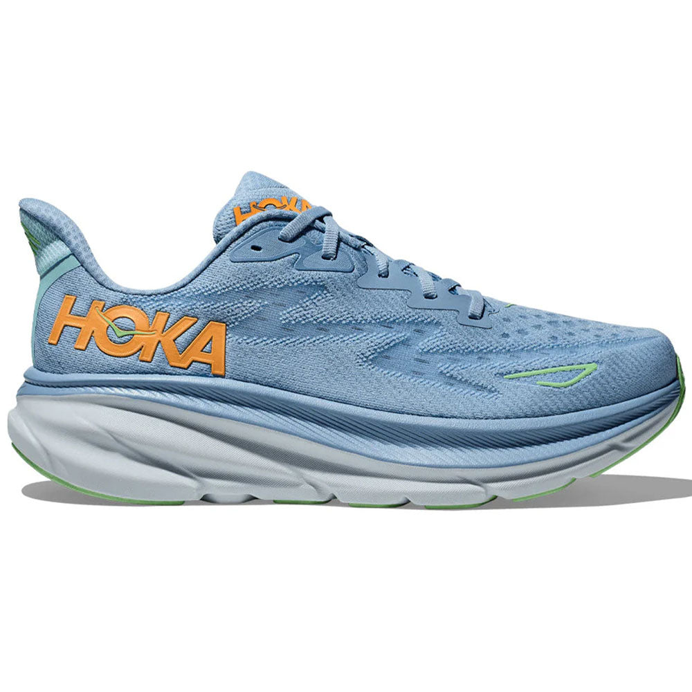 Side view on white background of Mens Hoka Clifton running shoe in Dusk/Illusion, Medium (Regular) width