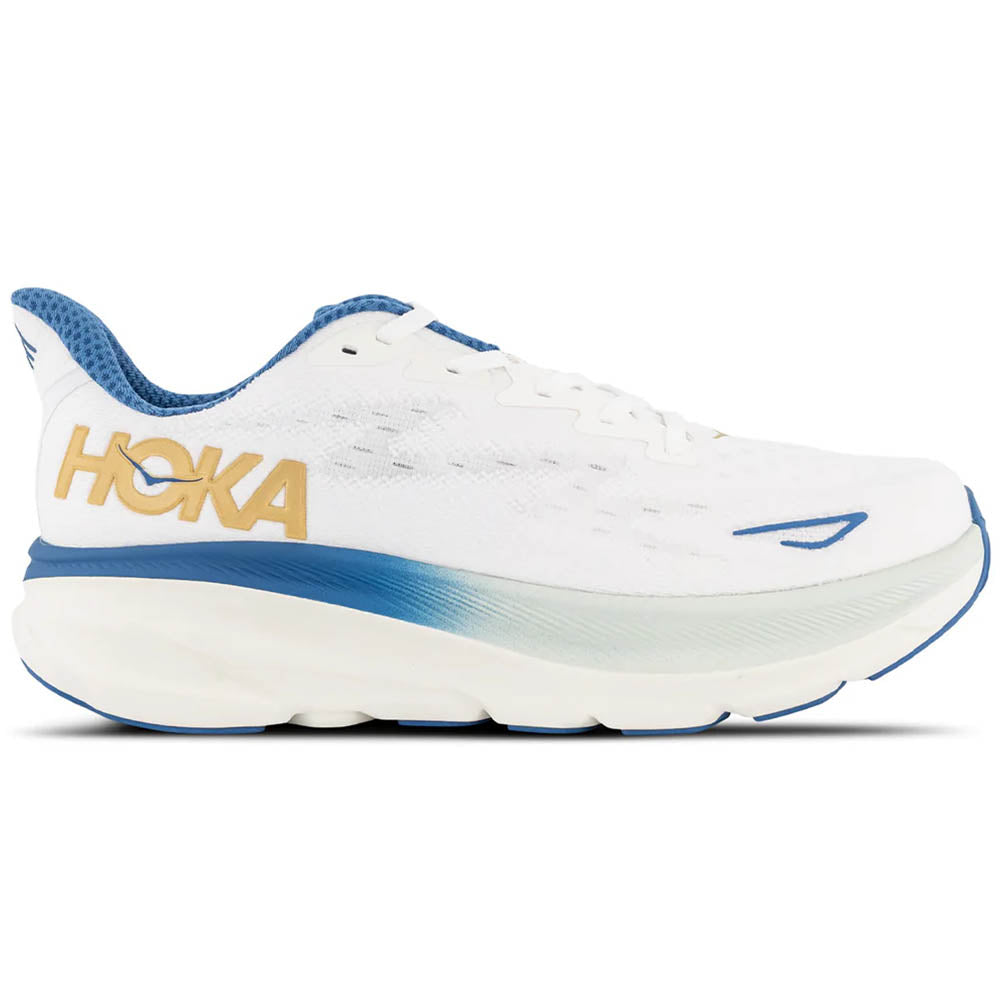 Side view on white background of Mens Hoka Clifton running shoe in Frost/Gold, Medium (Regular) width