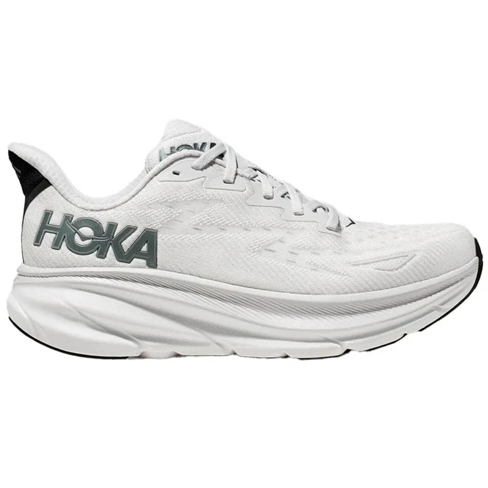 Side view on white background of Mens Hoka Clifton running shoe in Nimbus Cloud/Steel Wool, Wide width