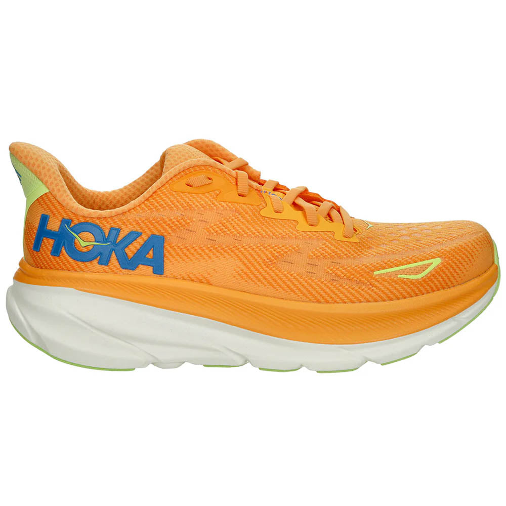 Side view on white background of Mens Hoka Clifton running shoe in Solar Flare/Lettuce, Wide width