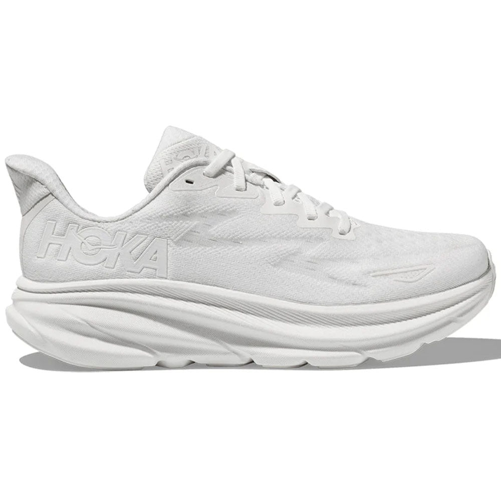 Side view on white background of Mens Hoka Clifton running shoe in White/White, Medium (Regular) width
