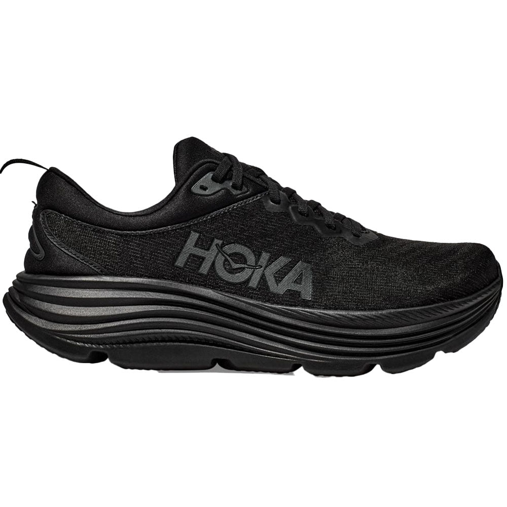 Side view on white background of Mens Hoka Gaviota running shoe in Black/Black, Medium (Regular) width