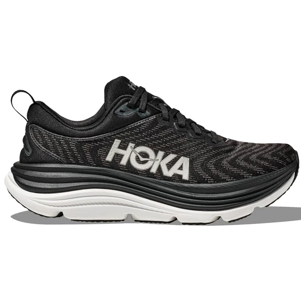 Side view on white background of Mens Hoka Gaviota running shoe in Black/White, Wide width