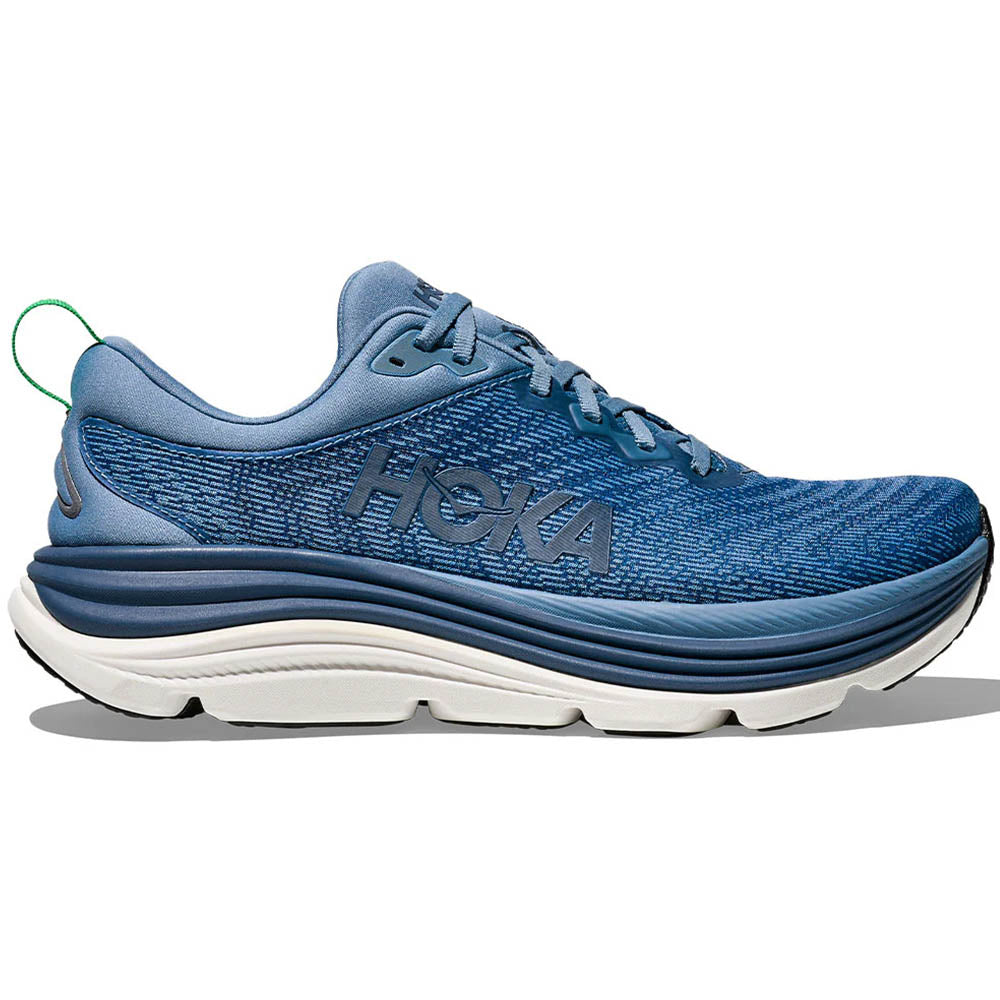 Side view on white background of Mens Hoka Gaviota running shoe in Downpour/Thunder Cloud, Wide width