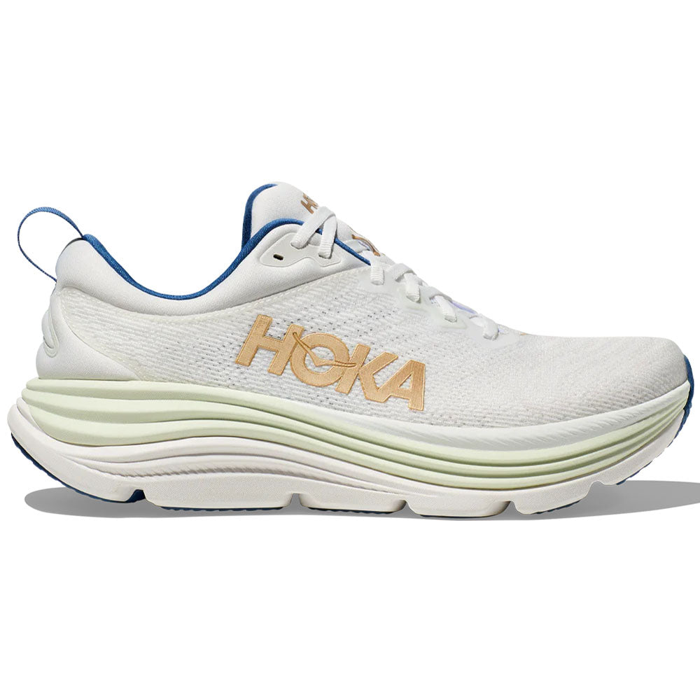 Side view on white background of Mens Hoka Gaviota running shoe in Frost/Gold, Medium (Regular) width