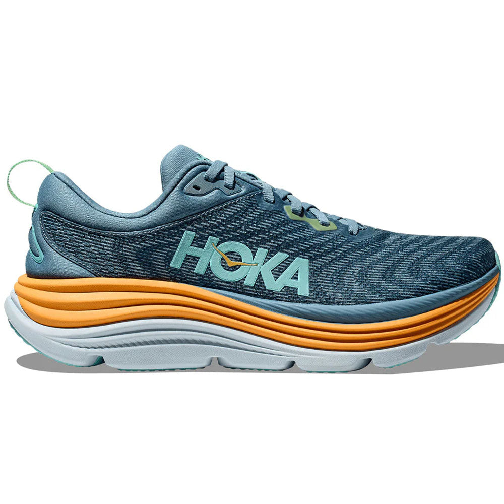 Side view on white background of Mens Hoka Gaviota running shoe in Shadow/Dusk, Wide width
