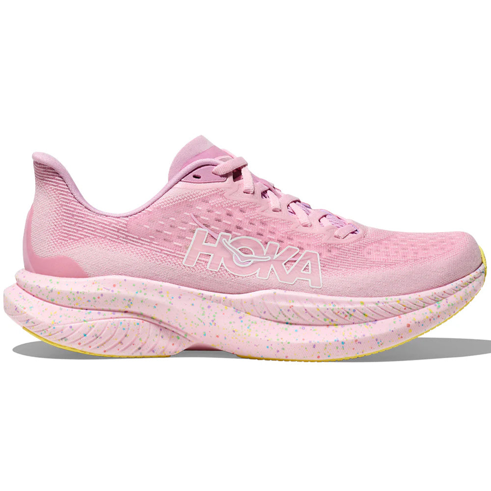 Side view on white background of Mens Hoka Mach running shoe in Pink Twilight/Lemonade, Medium (Regular) width