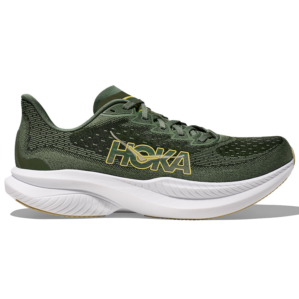 Side view on white background of Mens Hoka Mach running shoe in Succulent/Fern, Medium (Regular) width