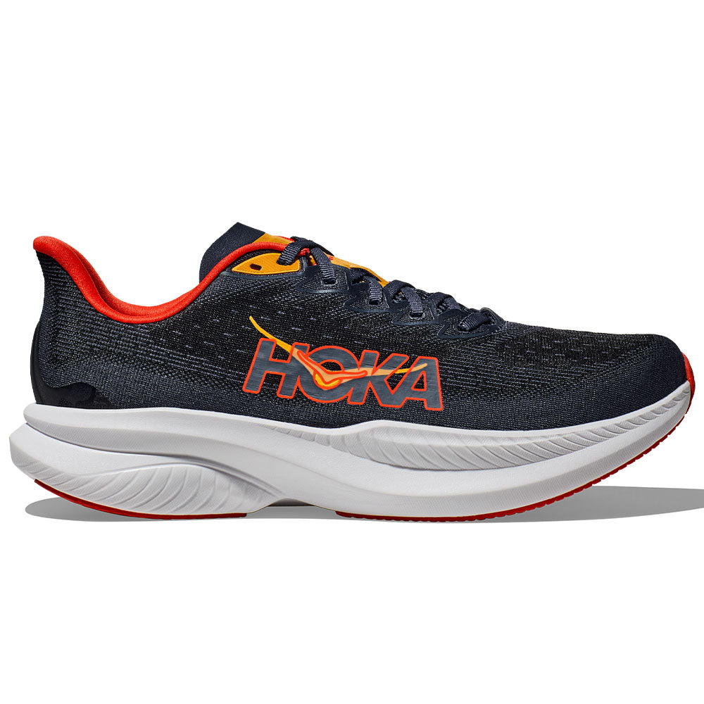 Side view on white background of Mens Hoka Mach running shoe in Varsity Navy/Nautical Dusk, Medium (Regular) width