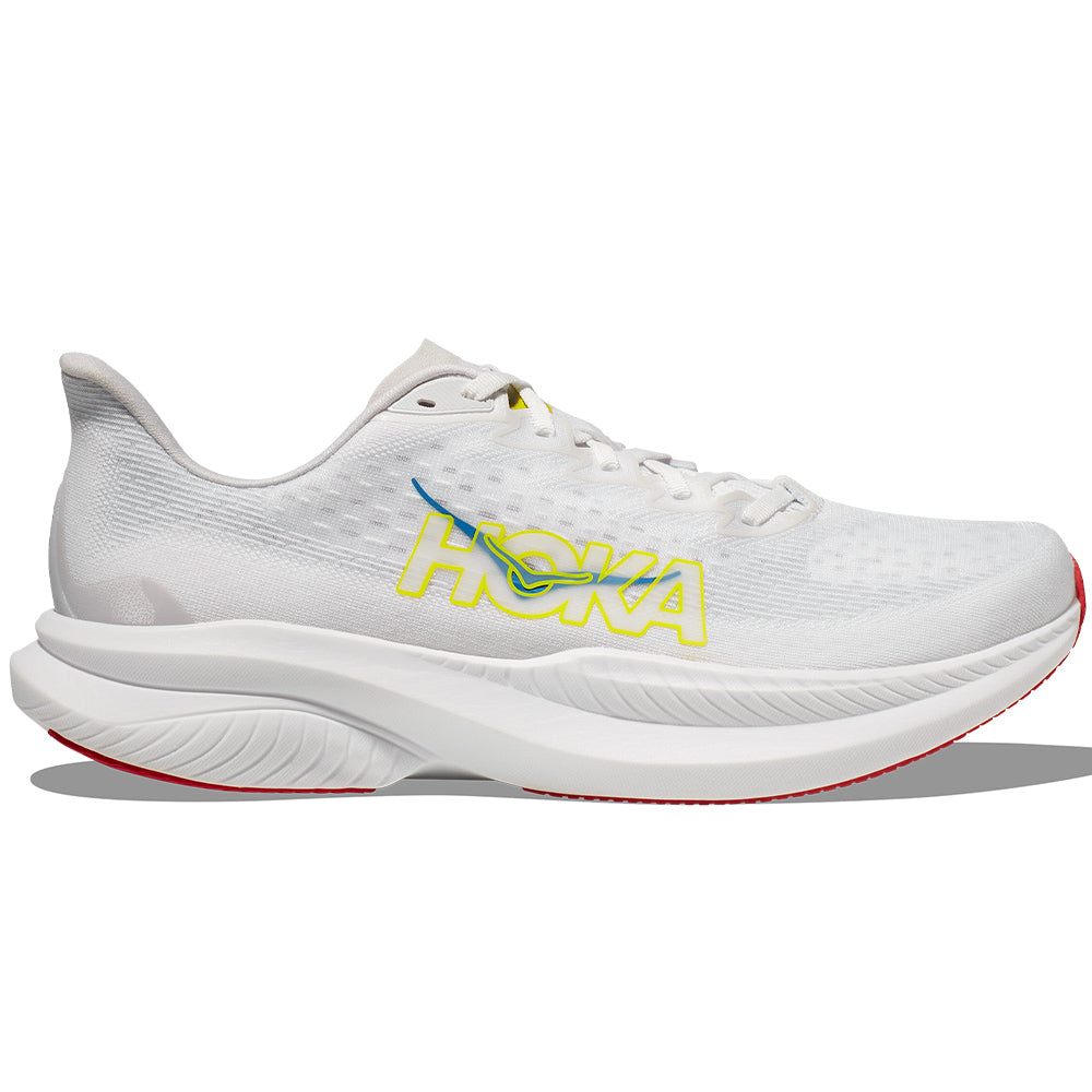 Side view on white background of Mens Hoka Mach running shoe in White/Nimbus Cloud, Medium (Regular) width