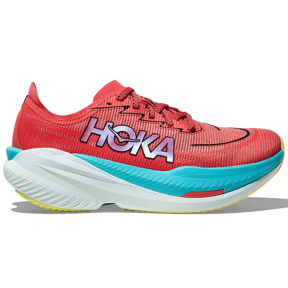 Side view on white background of Mens Hoka Mach running shoe in Grapefruit/Electric Coral, Medium (Regular) width
