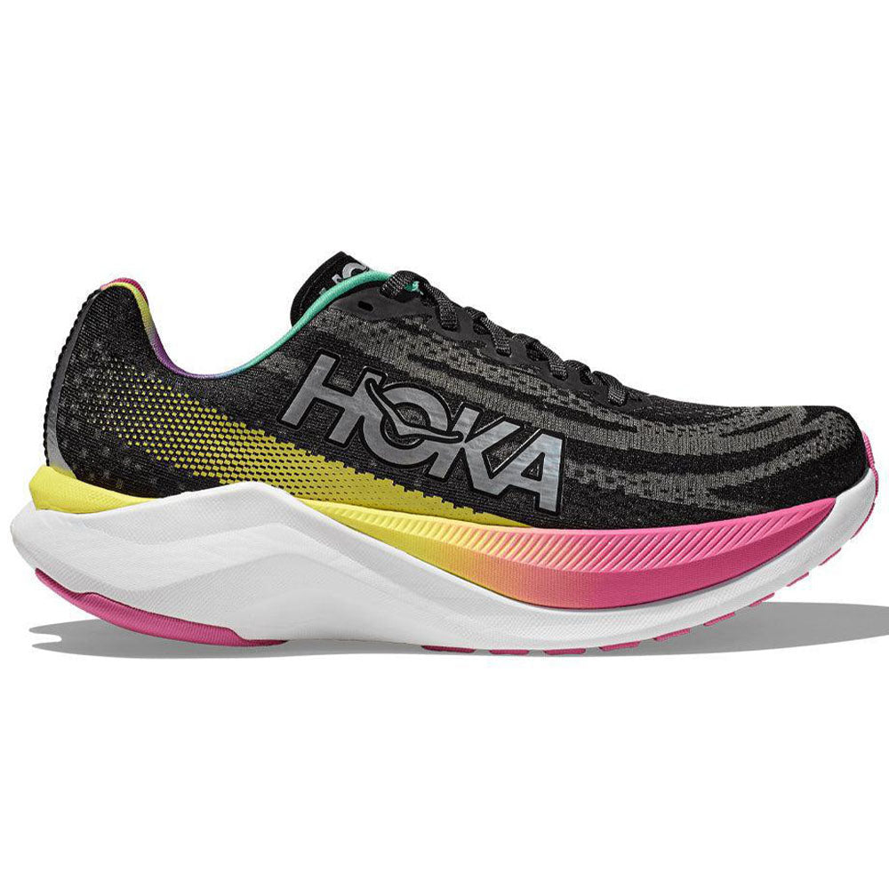 Side view on white background of Mens Hoka Mach running shoe in Black/Silver, Medium (Regular) width