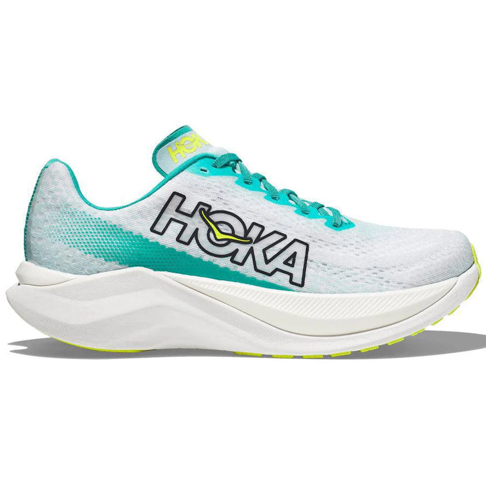 Side view on white background of Mens Hoka Mach running shoe in White/Blue Glass, Medium (Regular) width