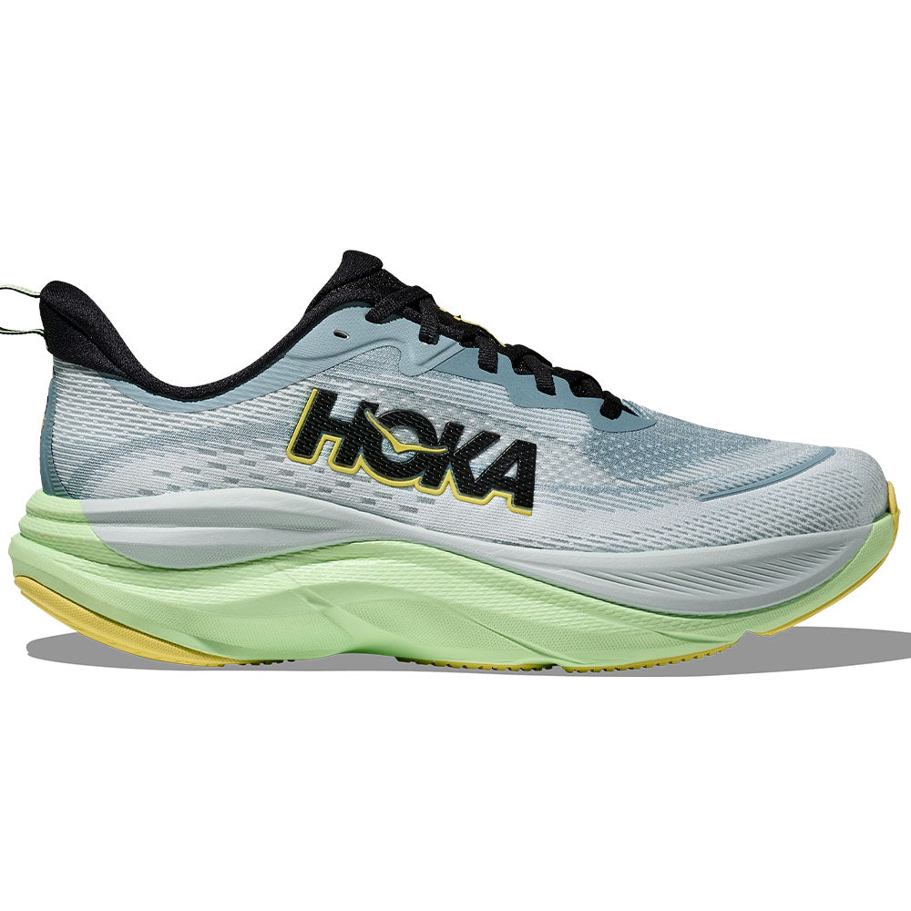 Side view on white background of Mens Hoka Skyflow running shoe in Druzy/Droplet, Medium (Regular) width