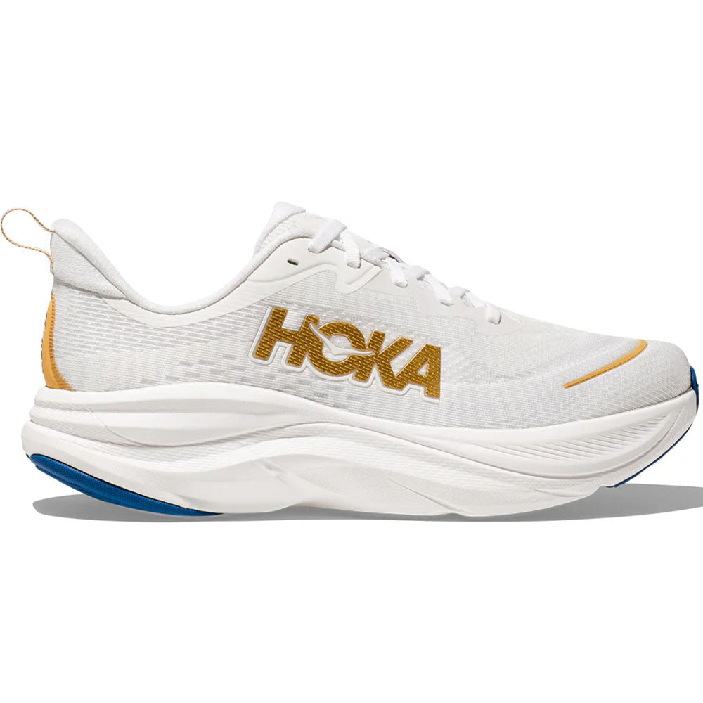 Side view on white background of Mens Hoka Skyflow running shoe in Frost/Gold, Medium (Regular) width