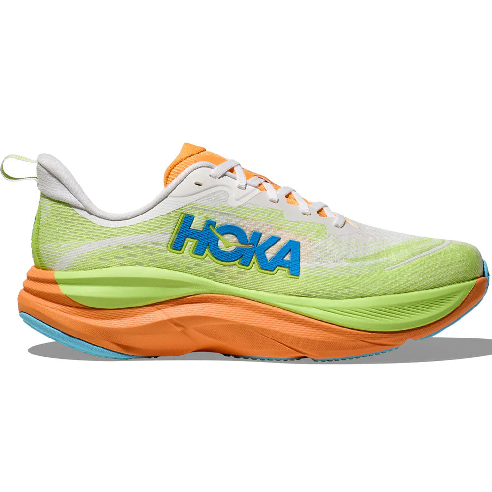 Side view on white background of Mens Hoka Skyflow running shoe in Frost/Solar Flare, Medium (Regular) width