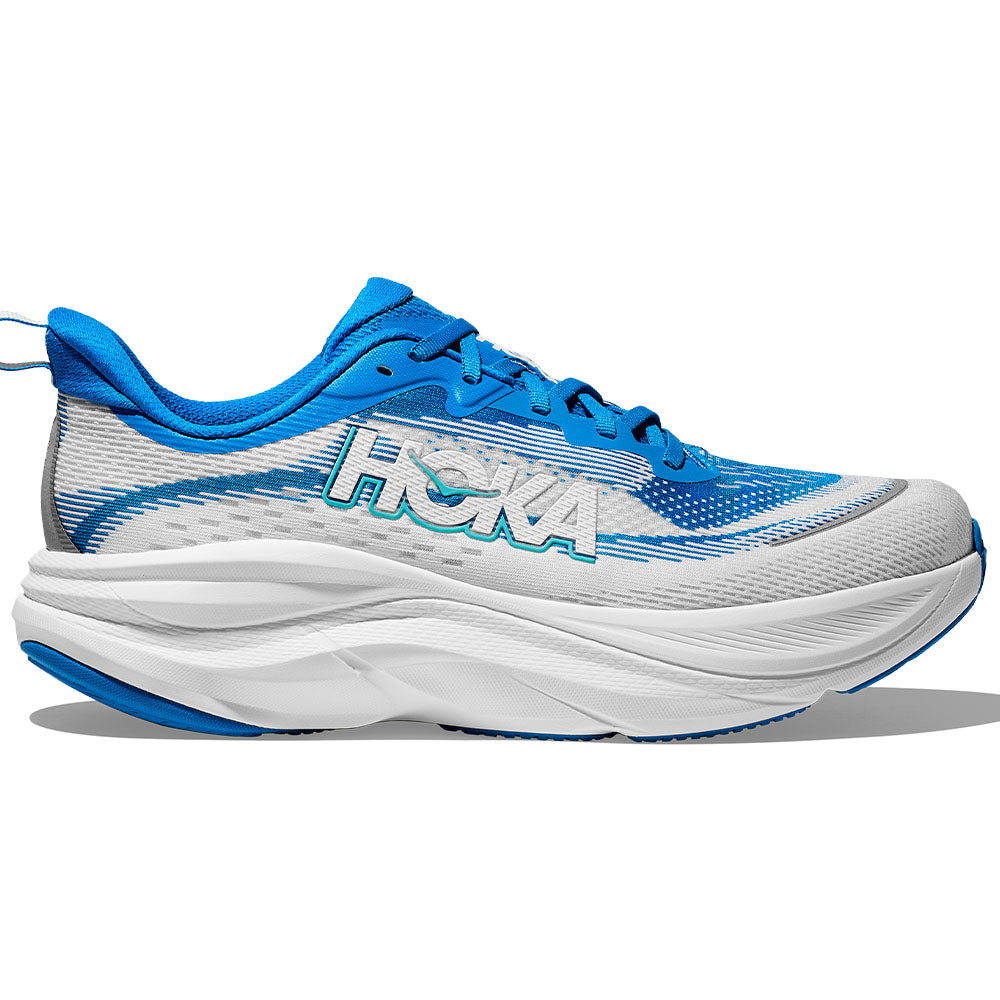 Side view on white background of Mens Hoka Skyflow running shoe in Hoka Blue/Frost, Medium (Regular) width