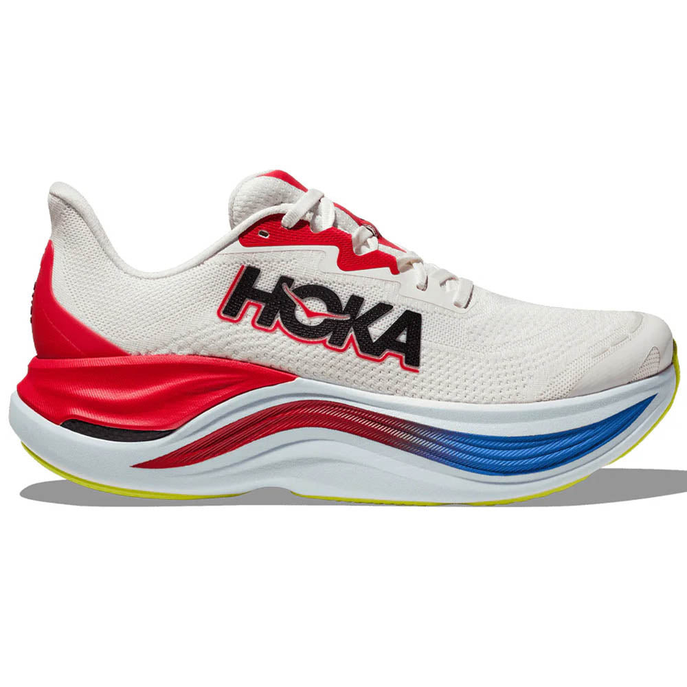 Side view on white background of Mens Hoka Skyward X running shoe in Blanc De Blanc/Virtual Blue, Medium (Regular) width