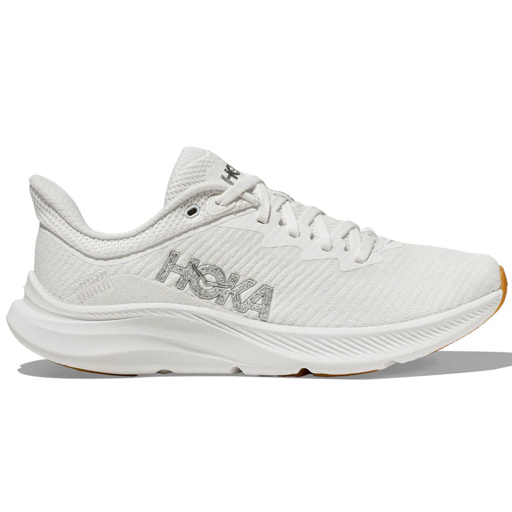 Side view on white background of Mens Hoka Solimar running shoe in White/White, Medium (Regular) width